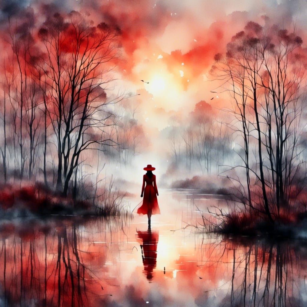 Lady in Red Walking on Misty Lake