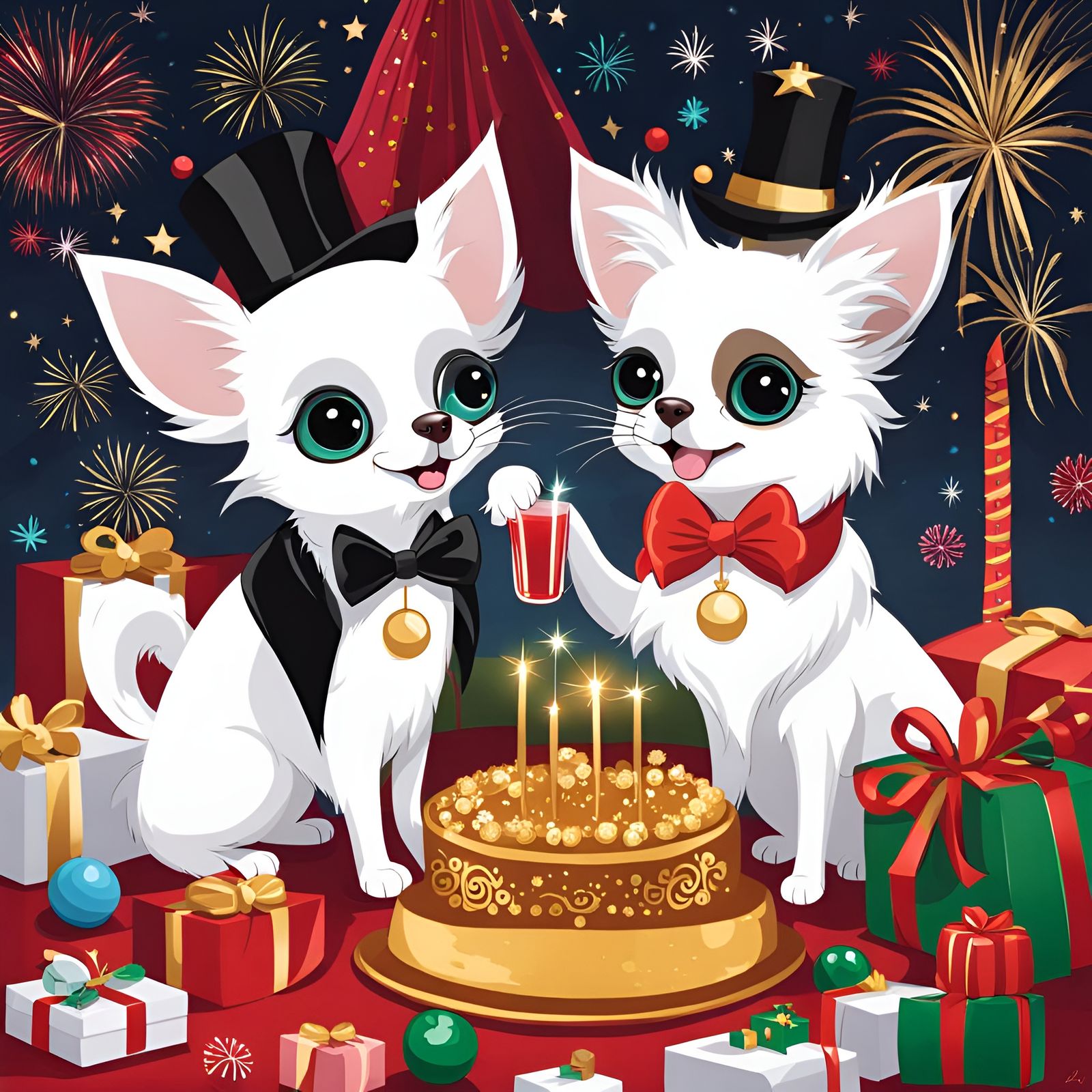 Chihuahua and Cat Celebrate New Year's Eve