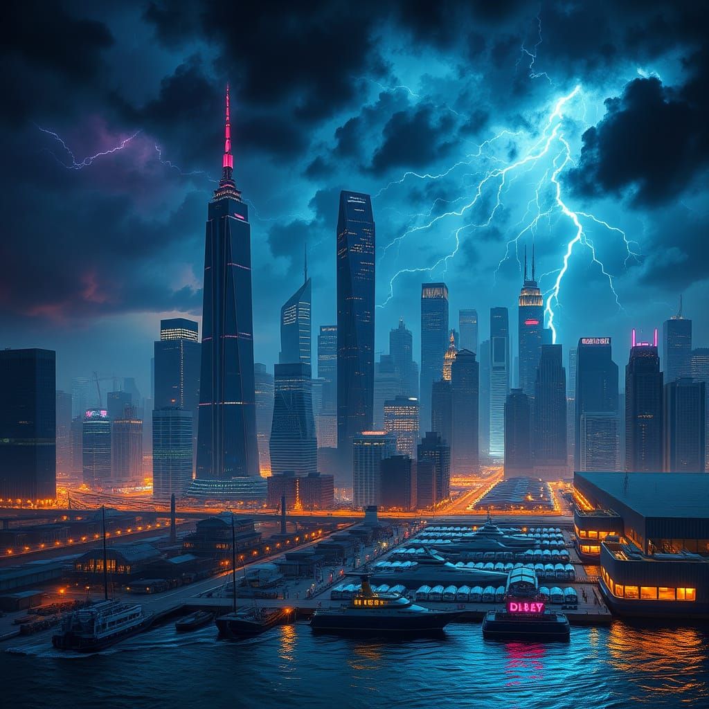 Majestic Cityscape Under Thunderous Night Sky