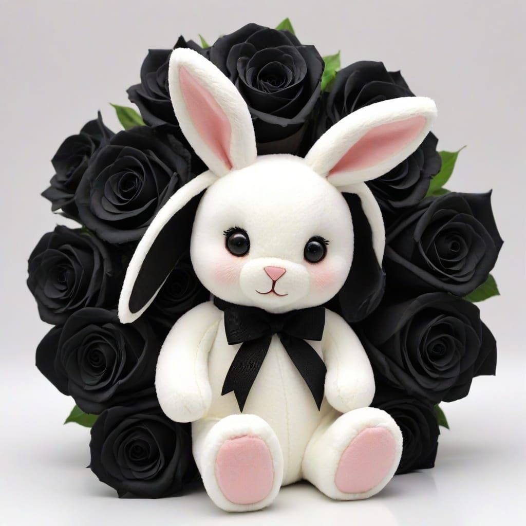 Surreal Black Roses Bunny in a Dark Floral Garden