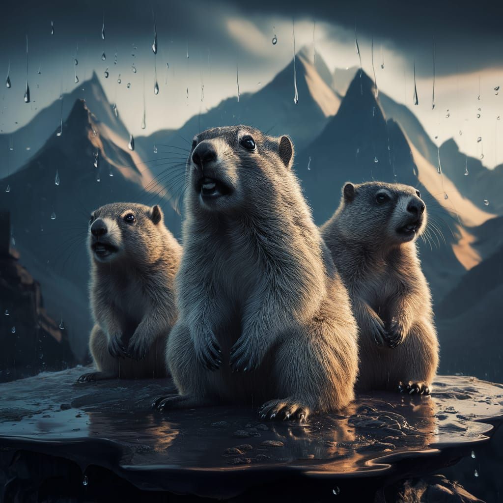 3 hungry himalayan marmot sitting on plateau. It's raining.