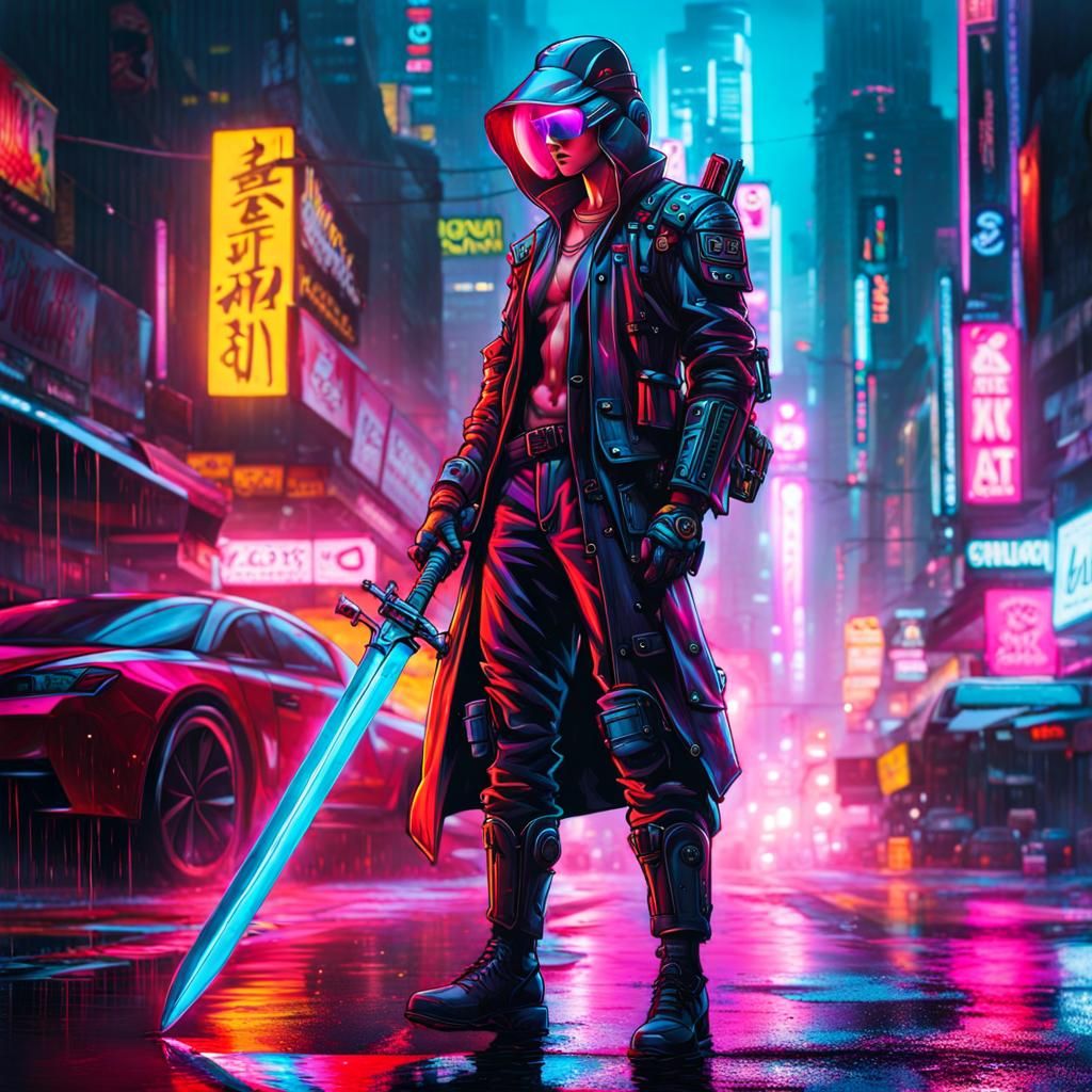Cyberpunk Swordsman in Neon Cityscape