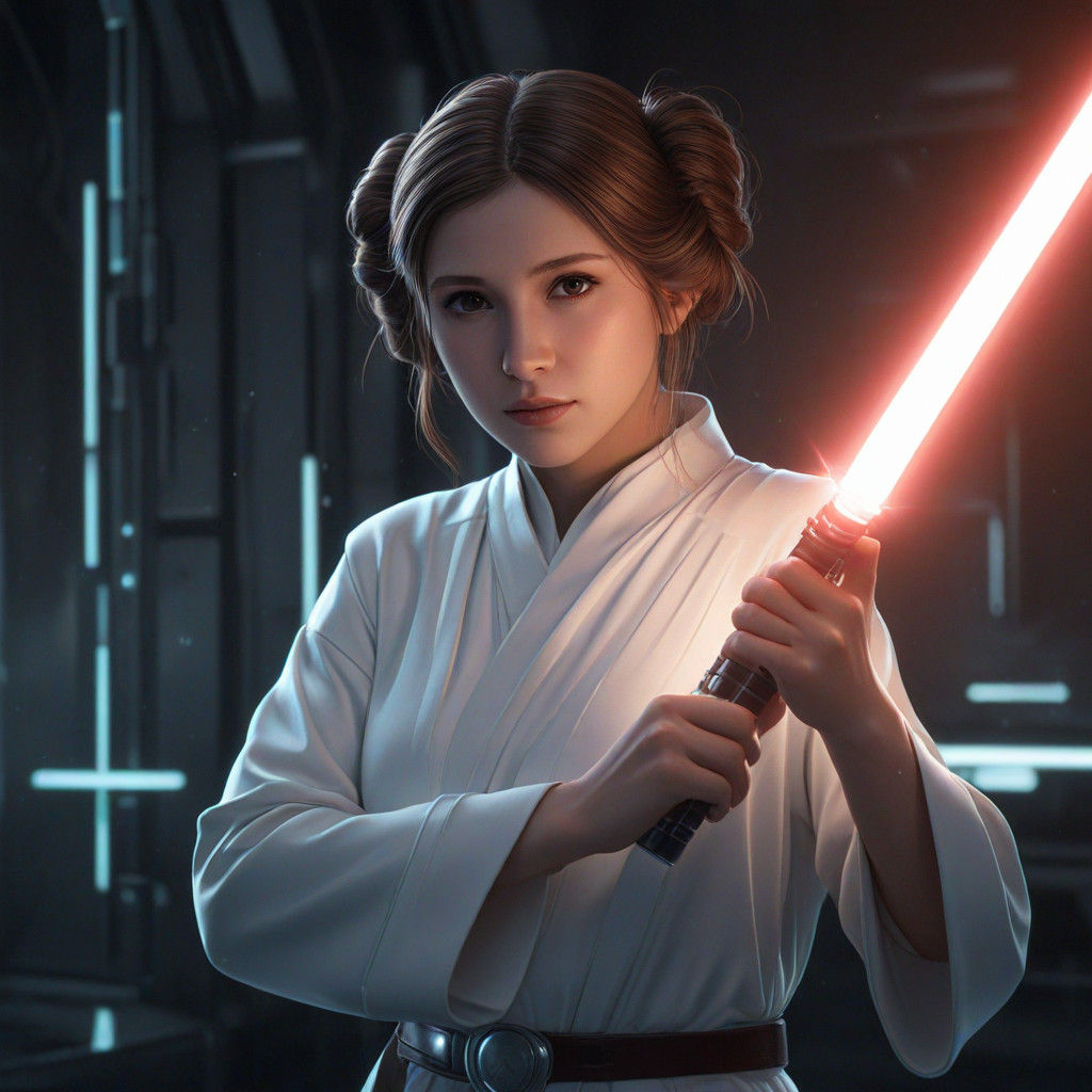 Princess Leia in Futuristic Chamber with Lightsaber