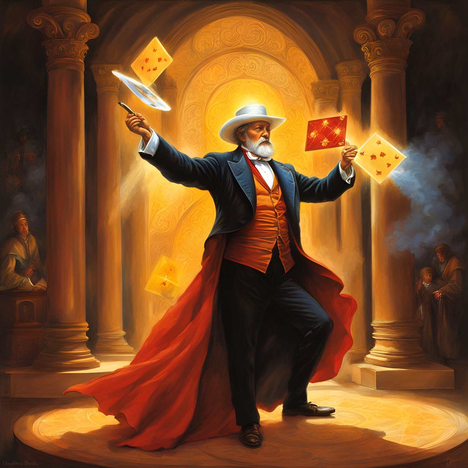 Magician's Card Trick in Radiant Golden Light