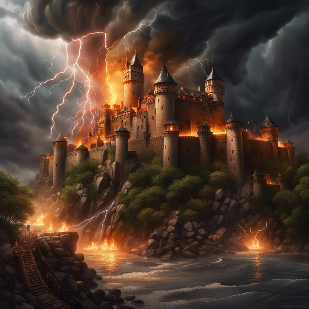 Burning Castle Under Lightning Storm: Hyperrealistic Art
