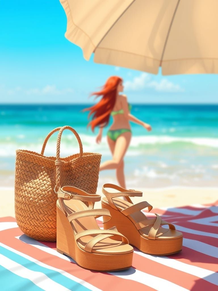 Hyper Realistic Summer Beach Scene with Sandals and Tote