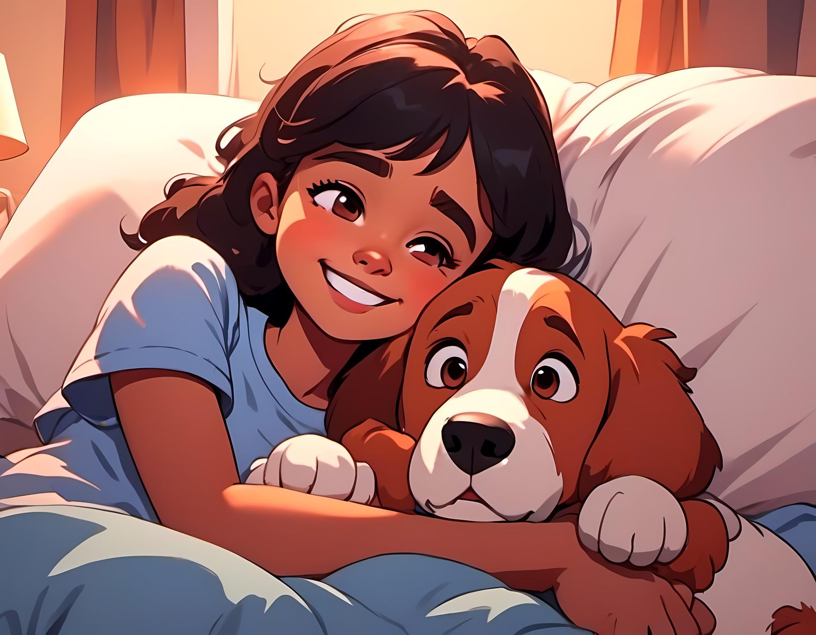 Sweet Cartoon Girl Cuddles Dog in Bed