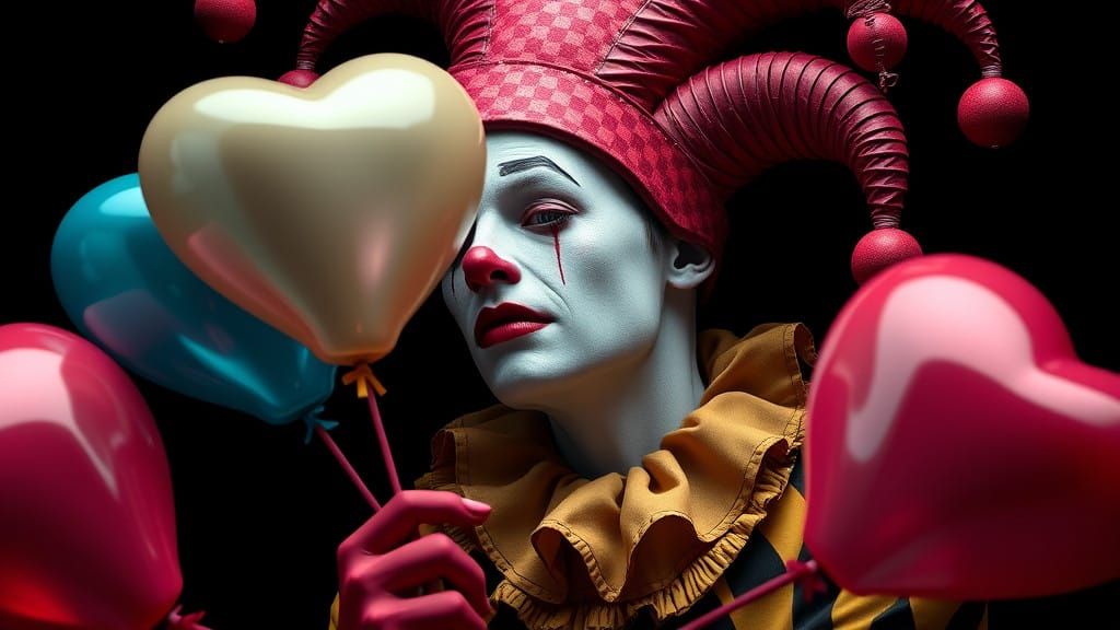 Sorrowful Court Jester with Heart-Shaped Balloons in Muted C...