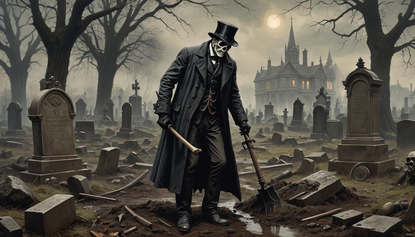 Victorian Gravedigger in Gothic Horror Scene