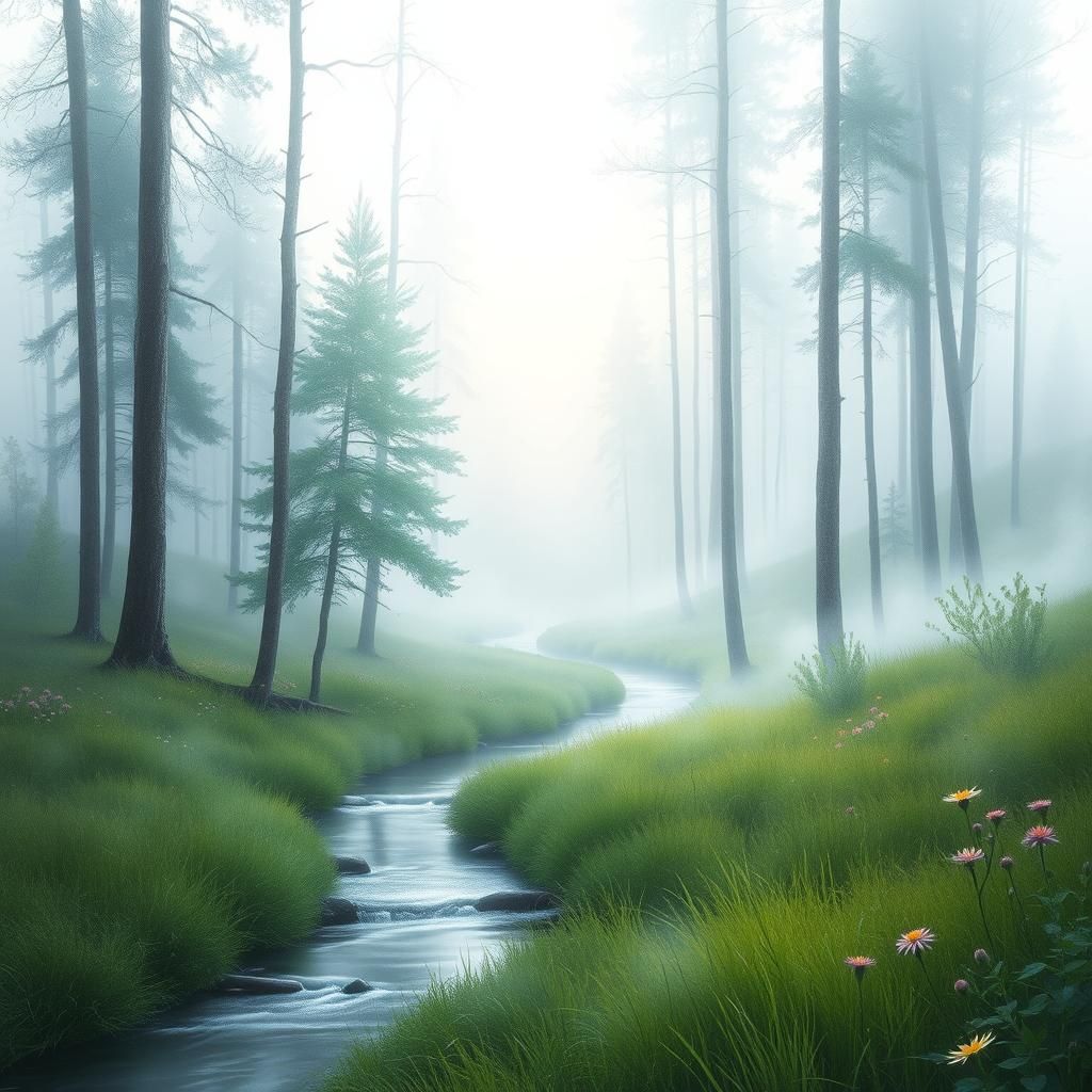 Ethereal Misty Forest Stream in Watercolor Style