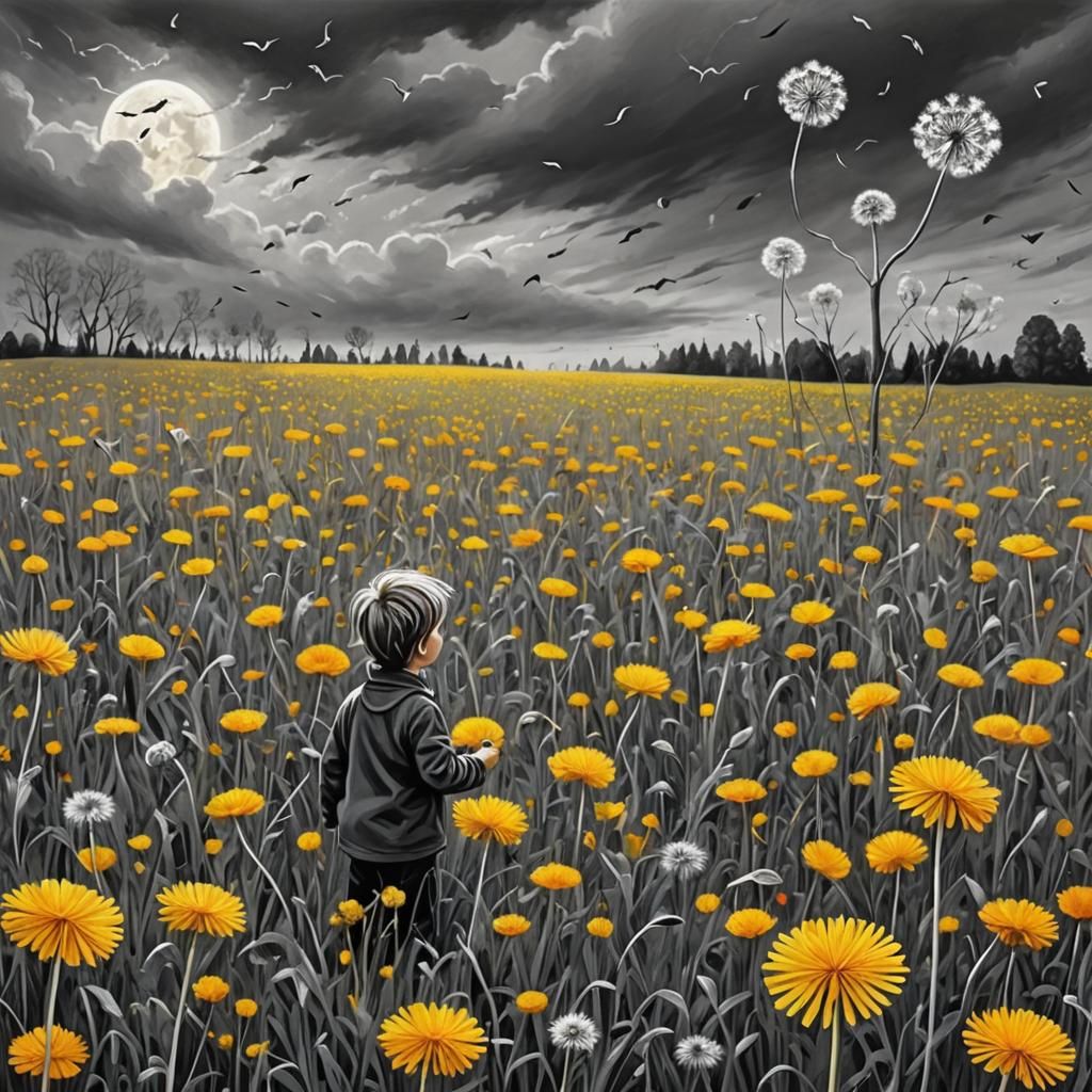 Surreal Halloween Dreamscape with Dandelions in Watercolor S...