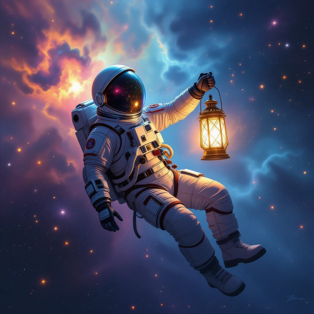 Astronaut with Glowing Lantern in Cosmic Nebula