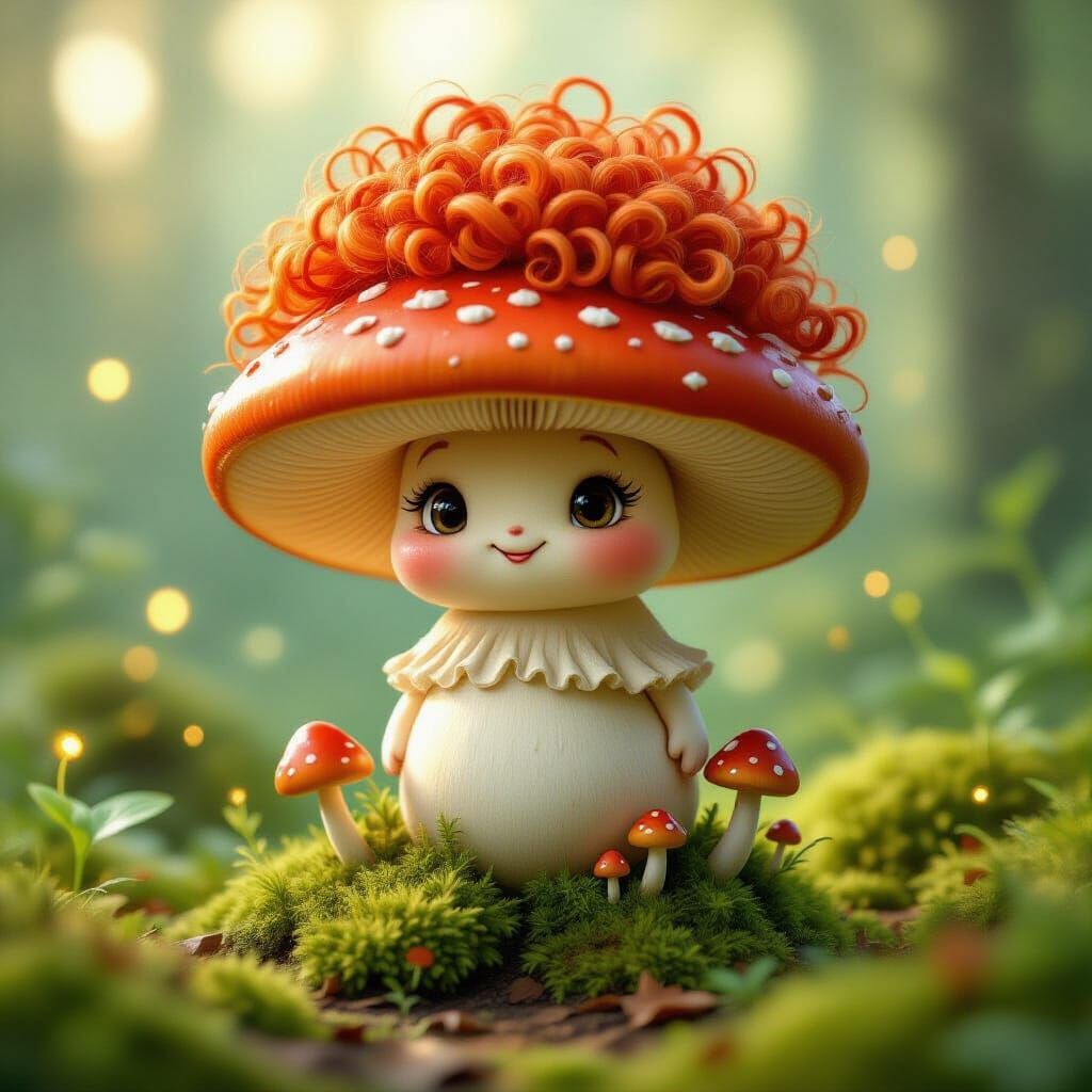 Whimsical Mushroom Character With Red Wig In Fairy Tale Styl...