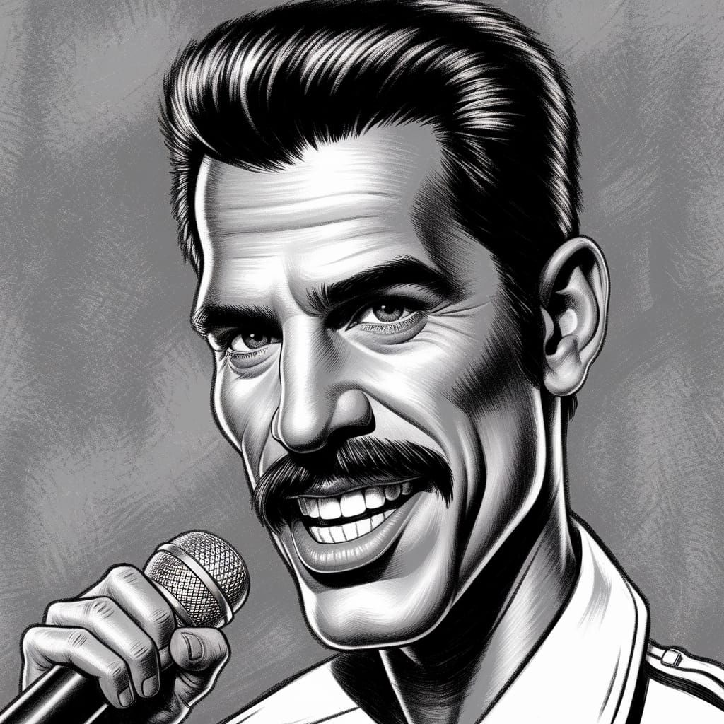 Expressive Freddie Mercury Caricature in Charcoal and Chalk
