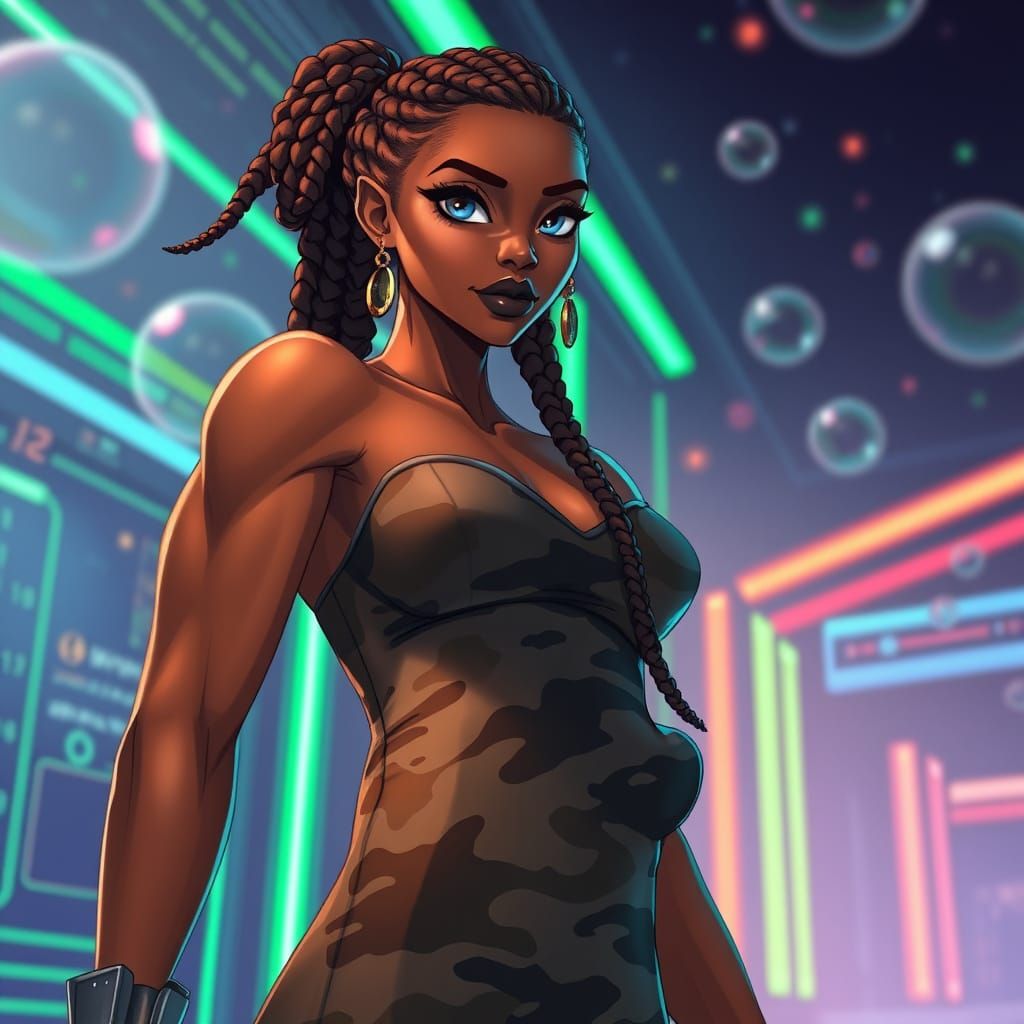 Anime Portrait: Woman in Camo Dress with Futuristic Tech