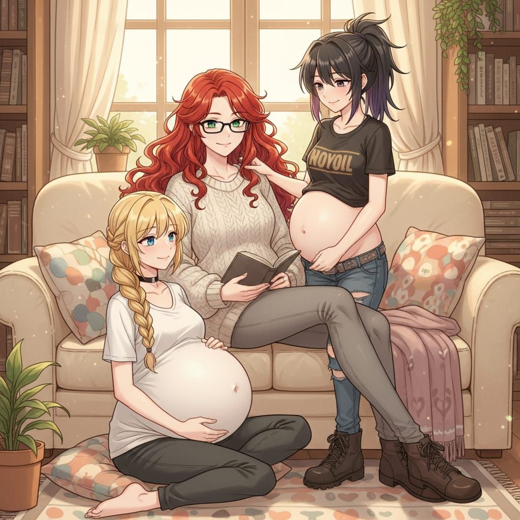 Shoujo Anime Woman Relaxing With Pregnant Wives