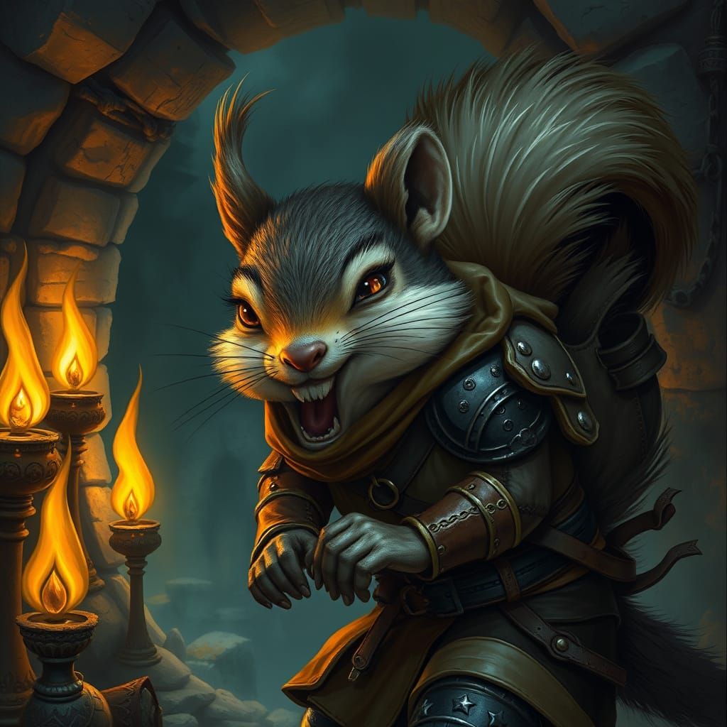 Mischievous Squirrel Rogue in Mystical Dungeon