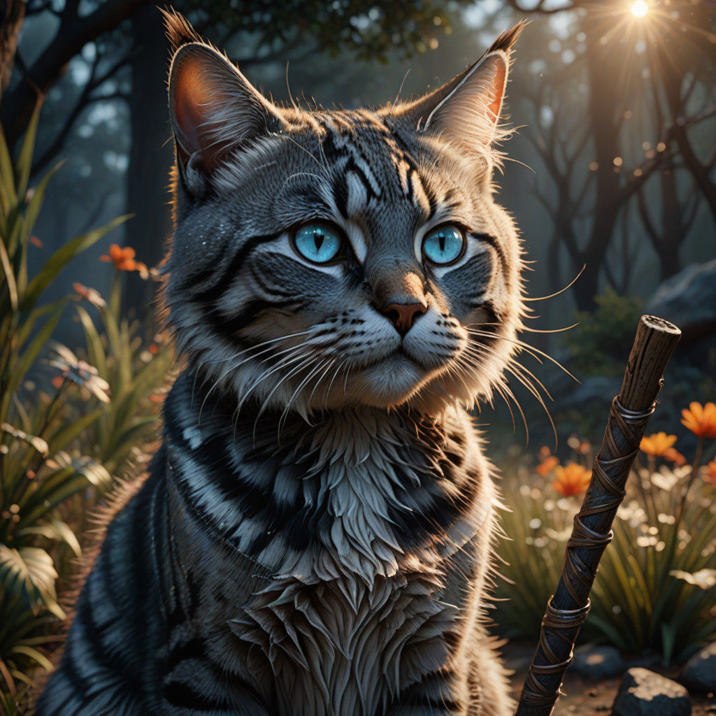 Ethereal Feline Masterpiece with Whiskers and Wooden Stick