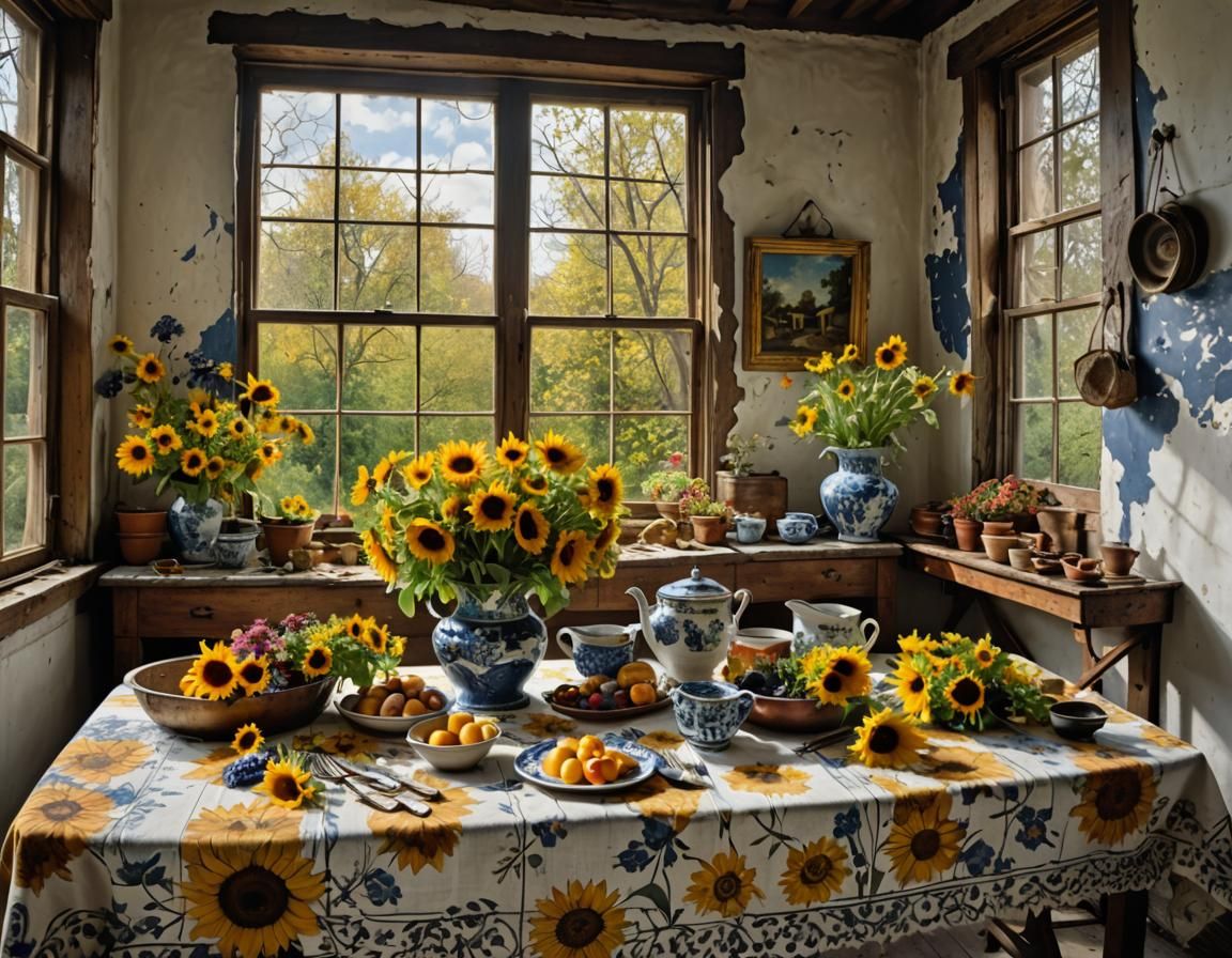 Floral Still Life with Sunflowers in Pollock Vermeer Style