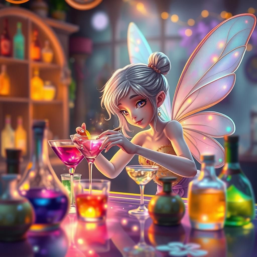 Fairy Bartender in Mystical Glowing Bar