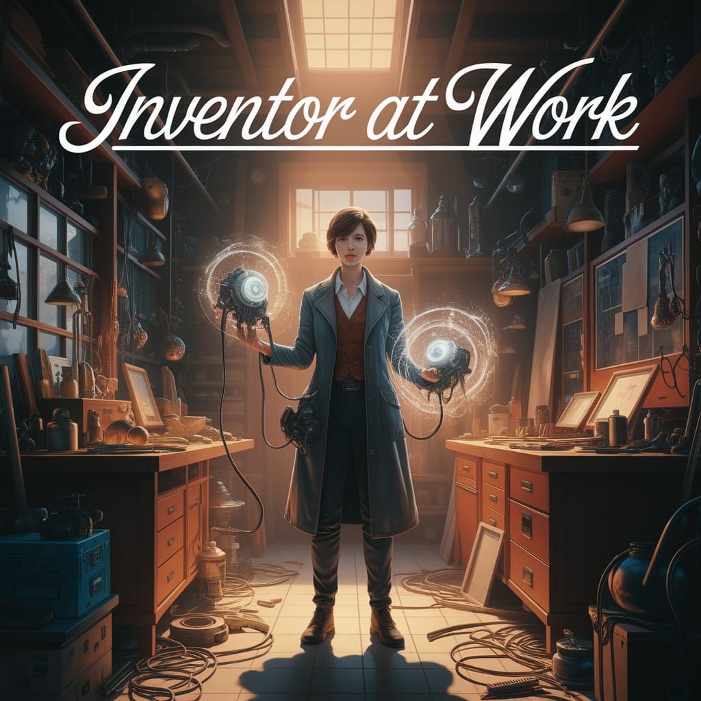 Inventor in a Cluttered Workshop, Surrounded by Gears and Ha...