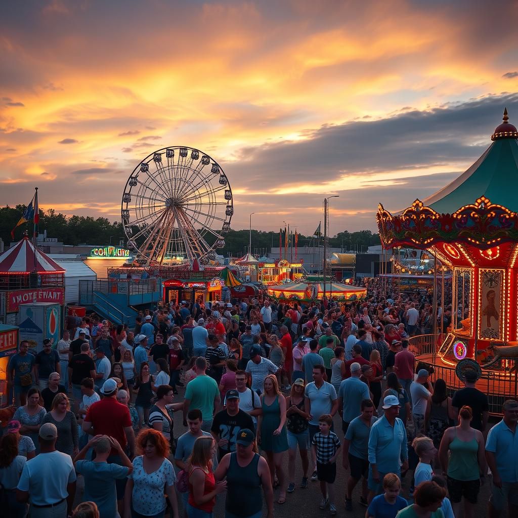 Vibrant State Fair at Dusk in Hyperrealistic Style