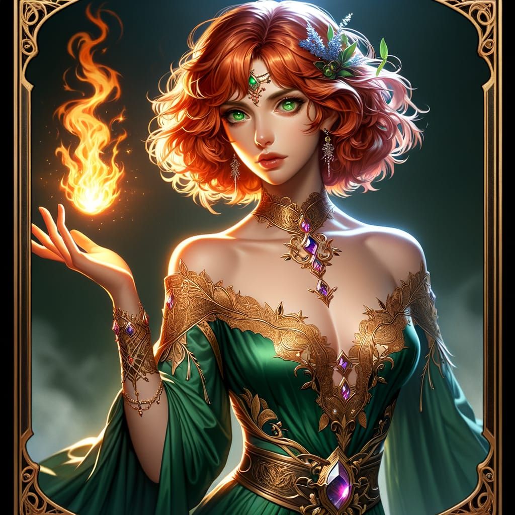 Fiery Princess-Sorceress with Emerald Gown