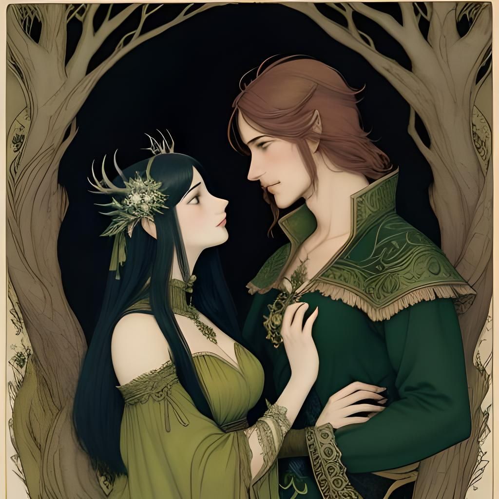 Man with Antlers Holding Girl in Moody Forest