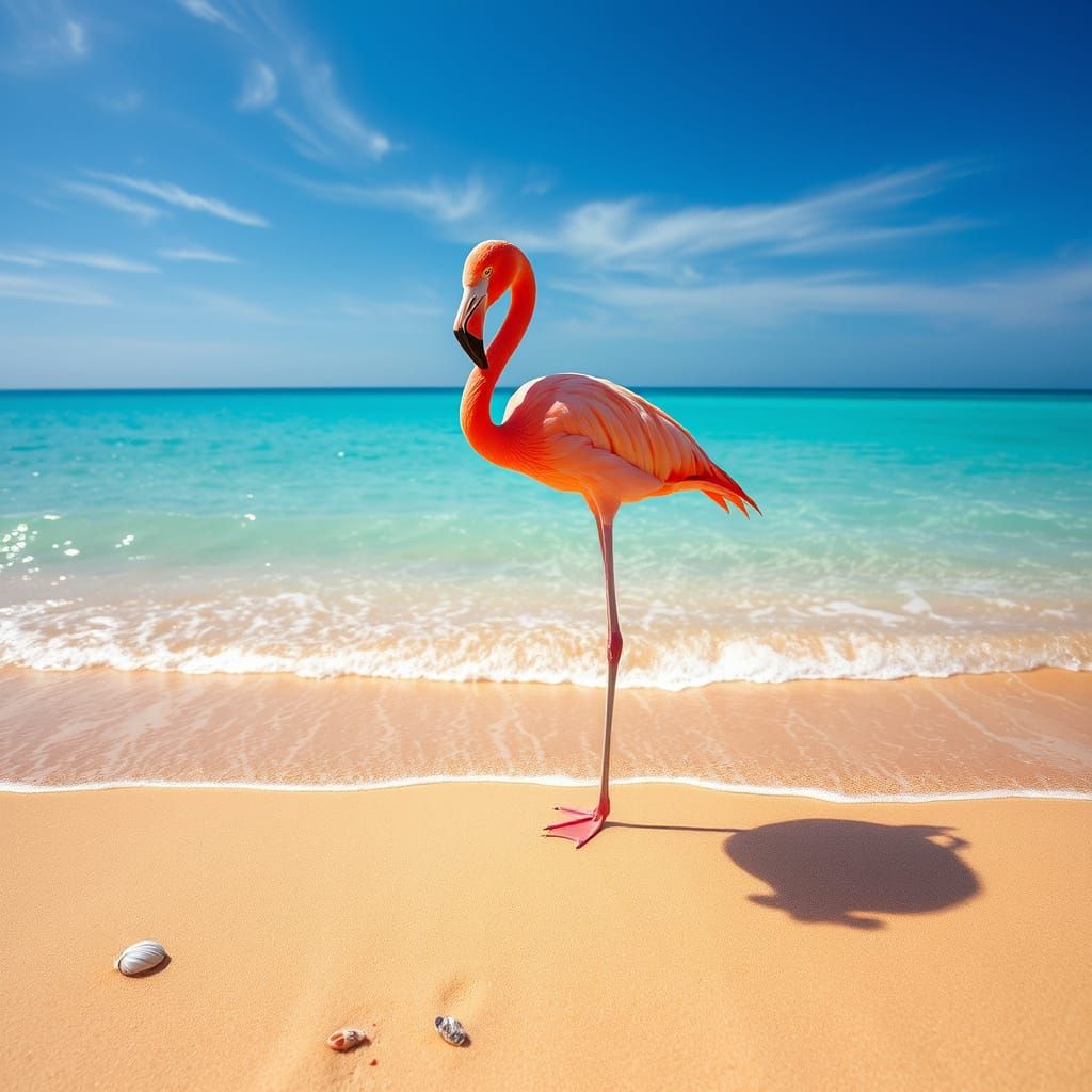 Vibrant Pink Flamingo on a Sun-Kissed Beach