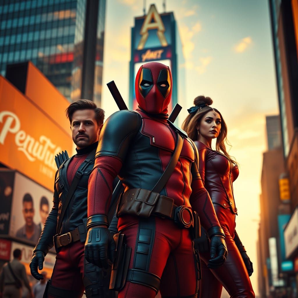 Marvel Superheroes in Times Square at Sunset
