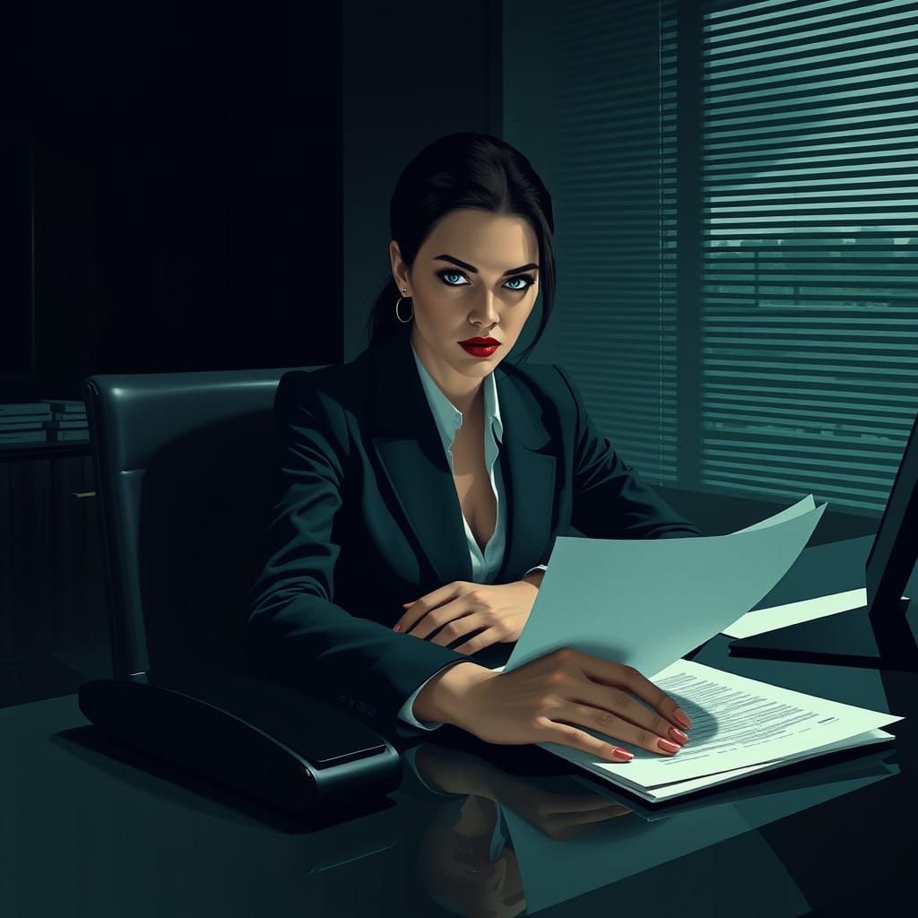Sleek Businesswoman Exudes Sinister Control