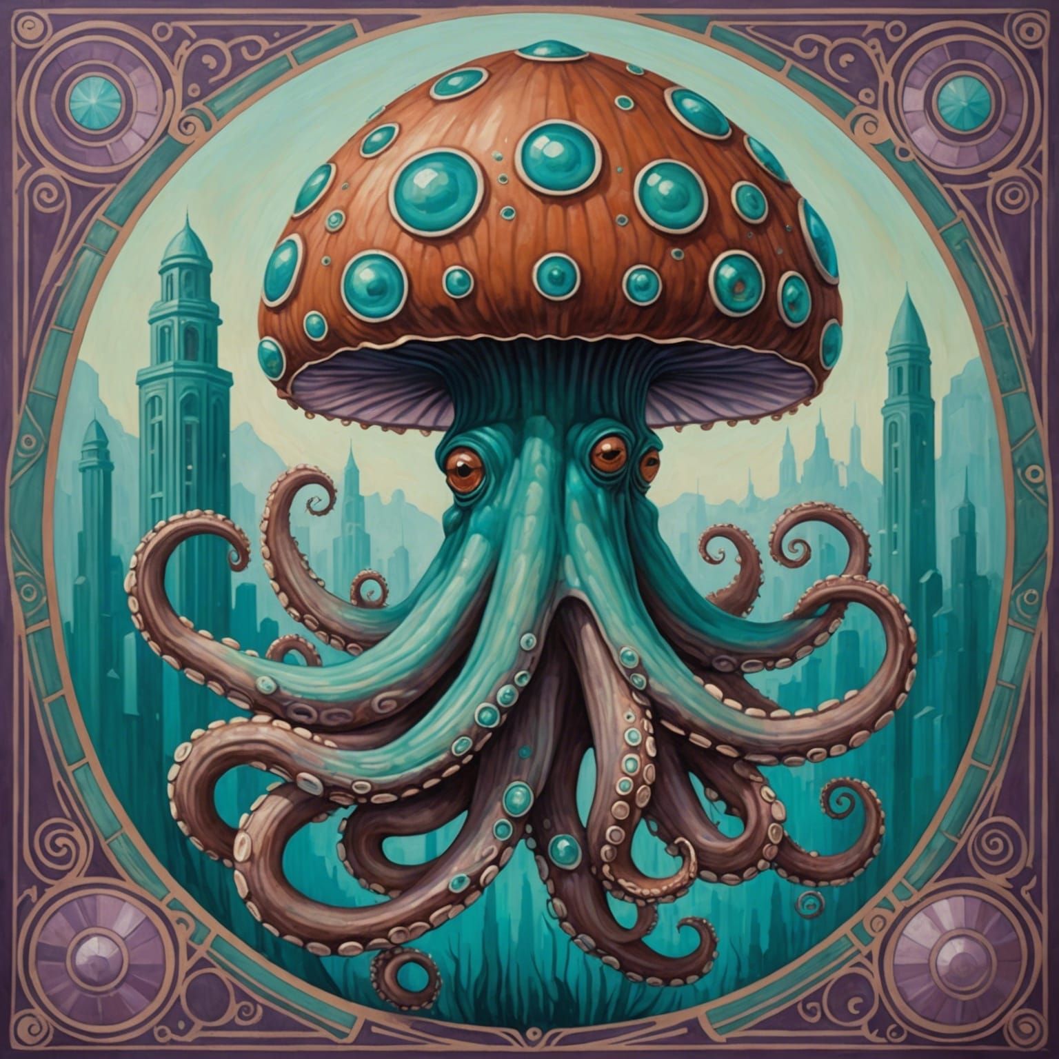 Sentient Mushroom Octopus in Art-Deco Style