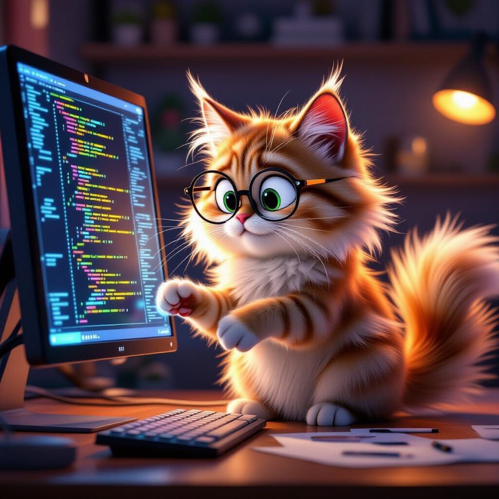 Fluffy Cat Programmer in Pixar Animation Style