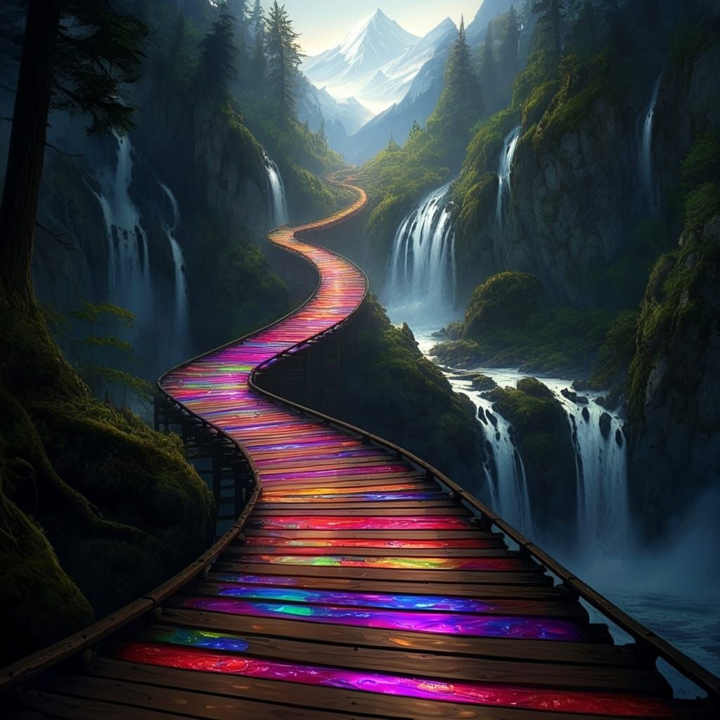 Surreal Alpine Boardwalk Ascends to Iridescent Fractal Summi...