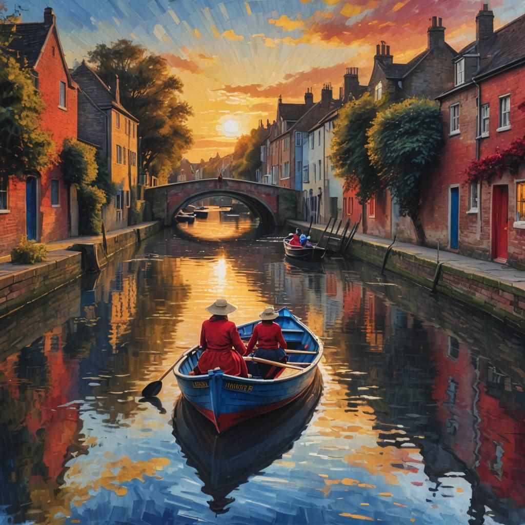 Woman in Red Rows Boat at Sunset