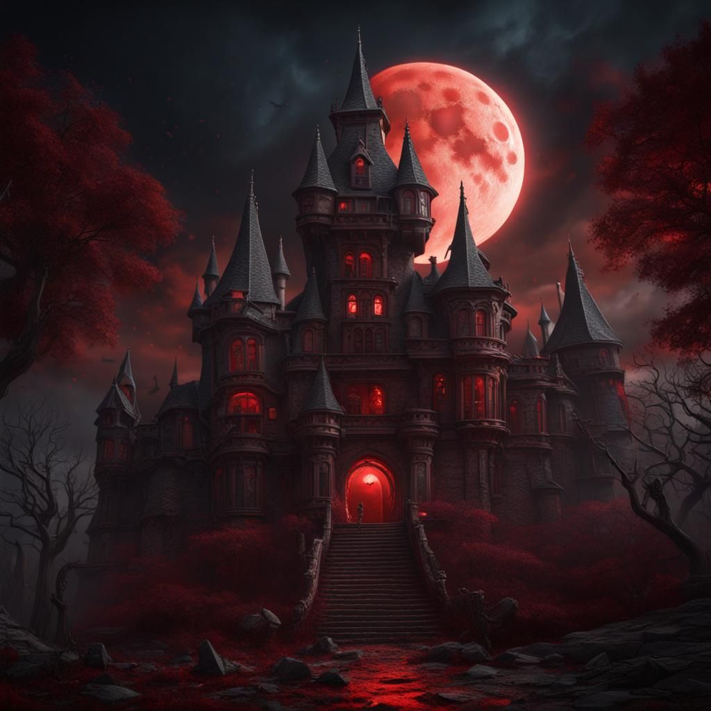 Haunted Castle with Skeletons and Blood Moon