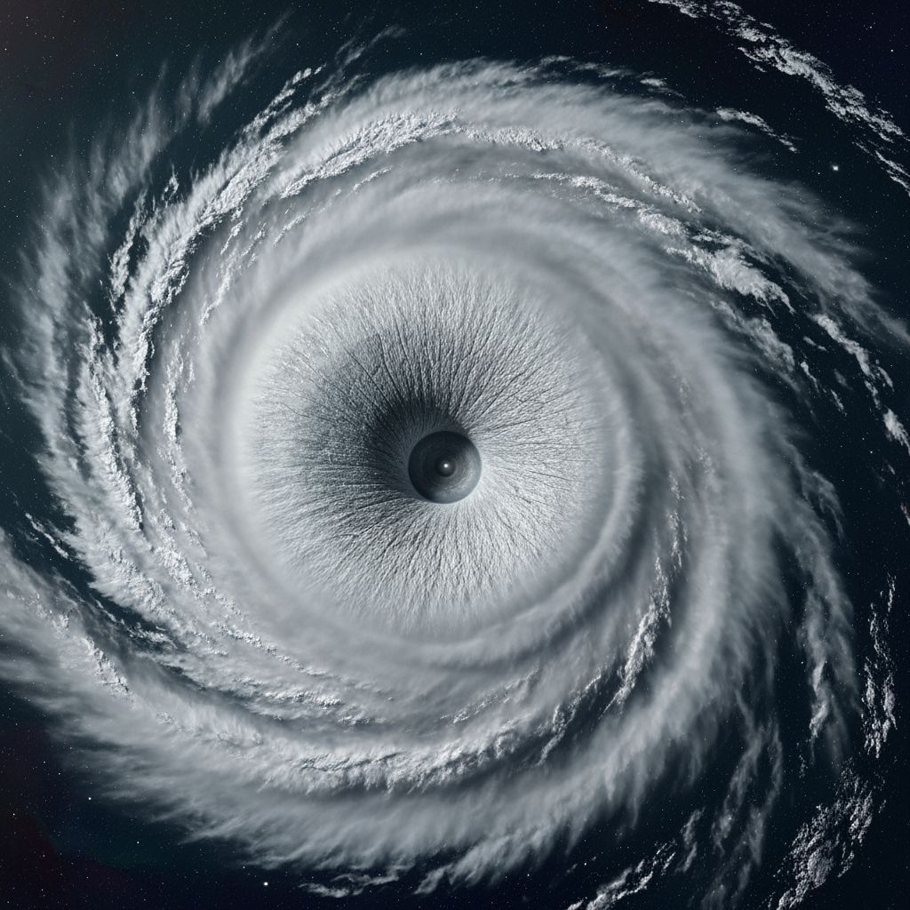 Satellite View of Hurricane Eye in Cosmic Illustration Style