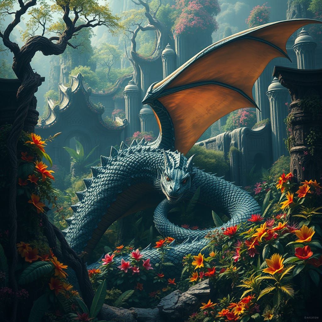 Majestic Dragon in Vibrant Fantasy Landscape
