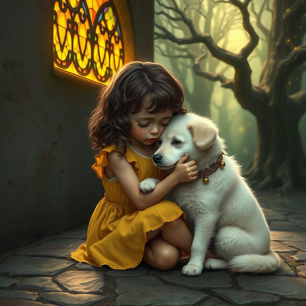 Girl Comforted by Dog in Mystical Forest Setting