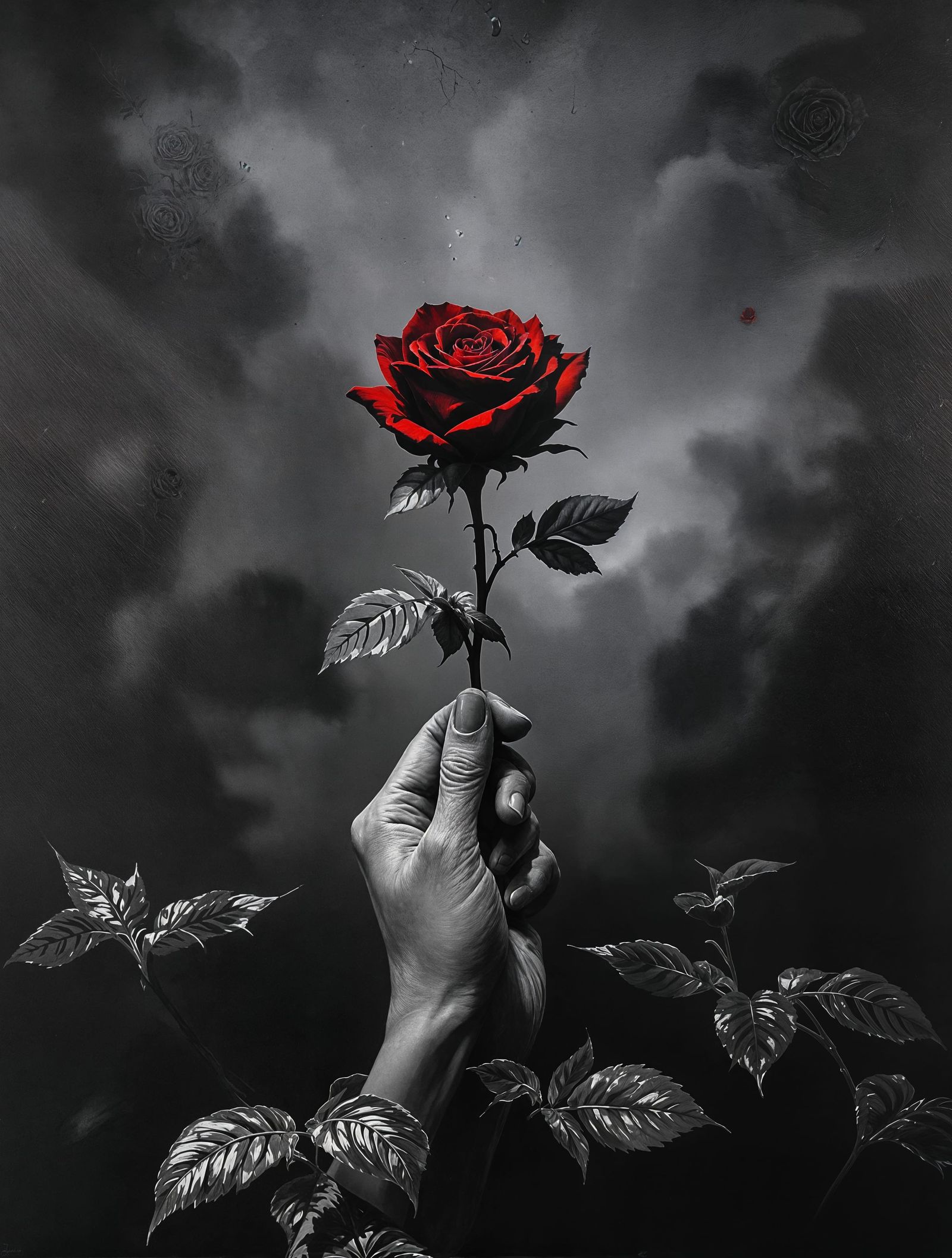 Painterly Oil on Canvas: Hand Holding a Vibrant Red Rose