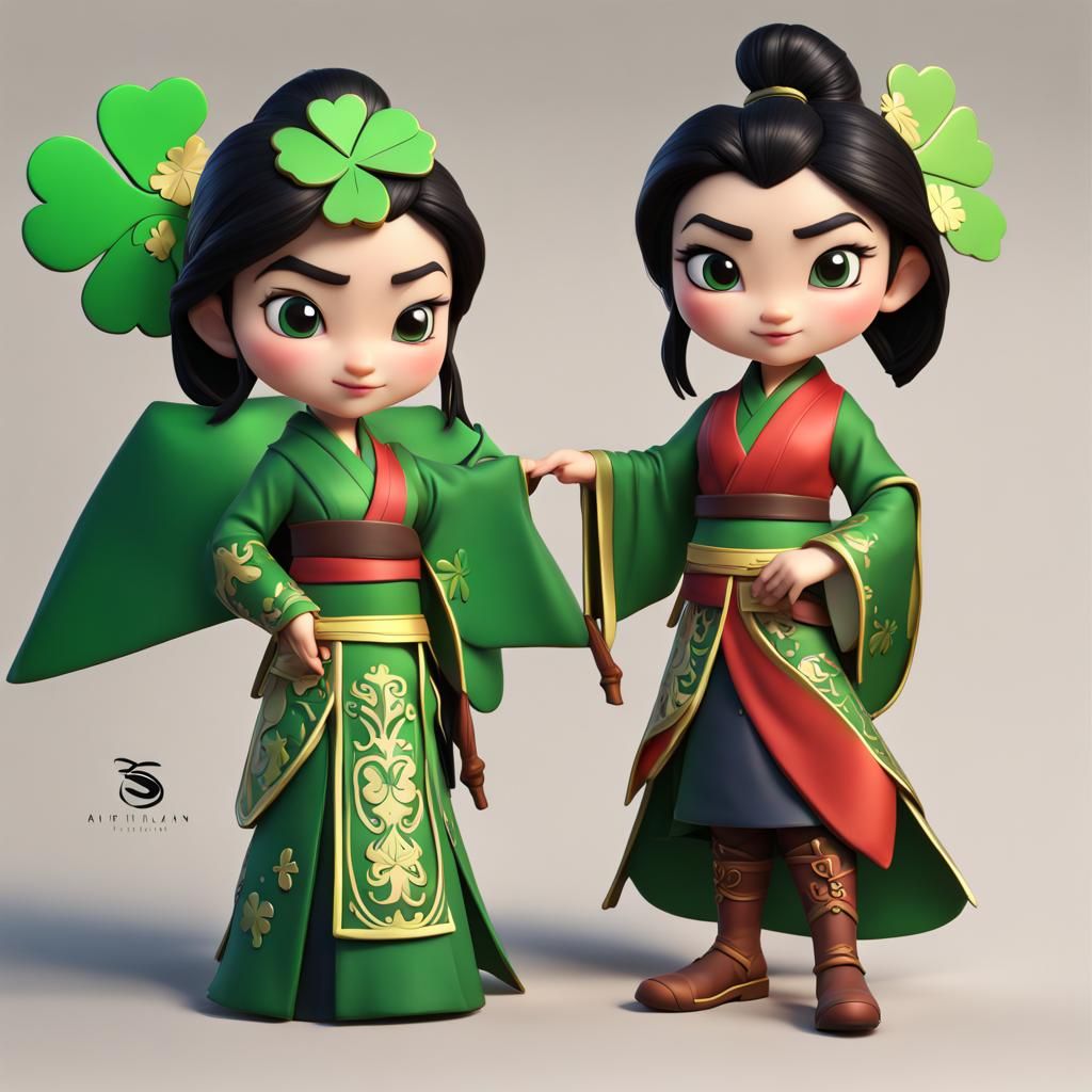 Hyperrealistic Mulan St. Patrick Chibi: Detailed Matte Paint...