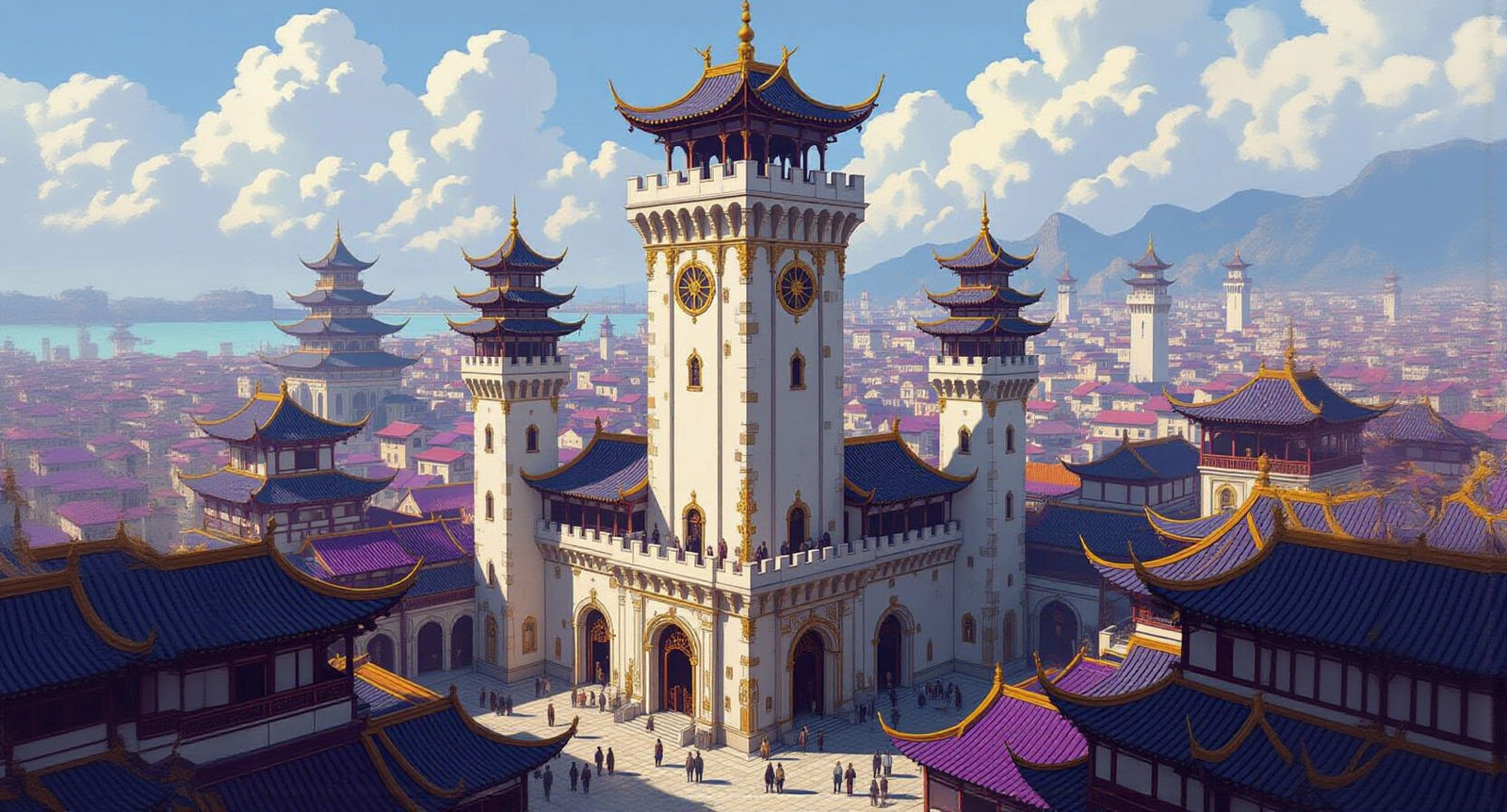 Fantasy Cityscape with Towering Medieval-Style Architecture