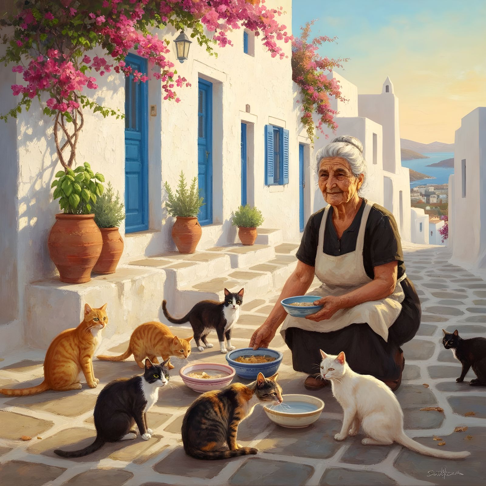 Elderly Greek Woman Feeds Stray Cats in Village Street