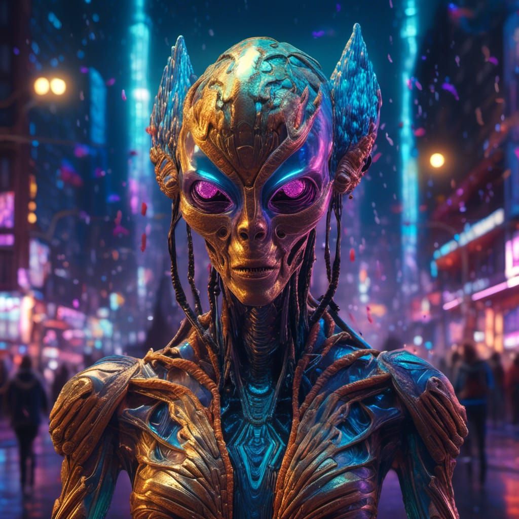 Bioluminescent Humanoid Portrait with Dancing Aliens