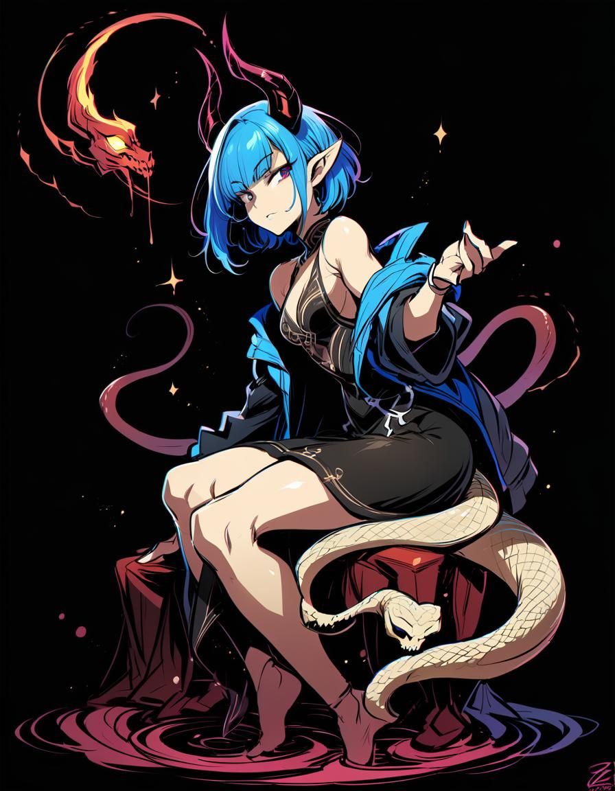 Cyberpunk Cyborg Woman with Snake and Horns