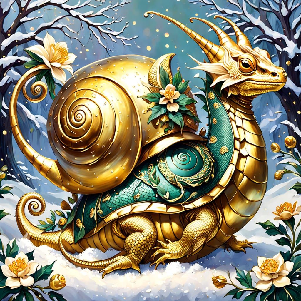 Enchanted Winter Scene with Golden Snail and Dragon-Lizard