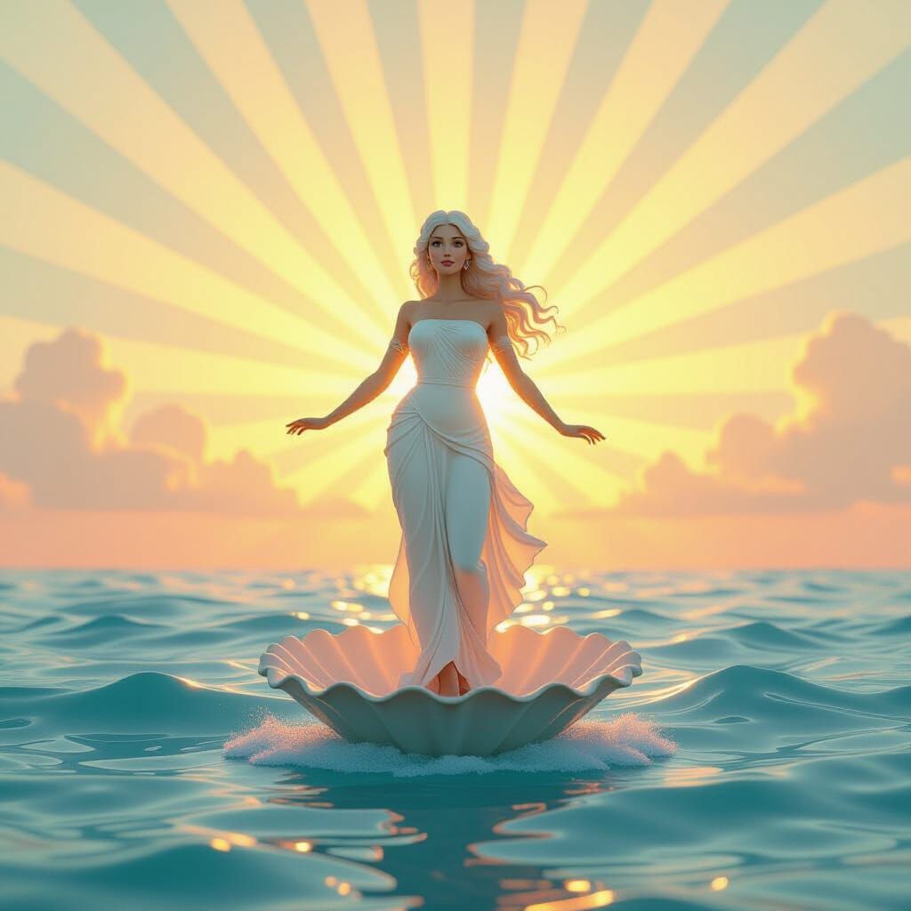 Pixar-Style Aphrodite on Seashell in Vibrant Sea