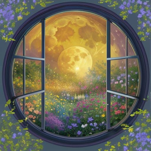 Impressionist Flower Garden and Moon Through Window