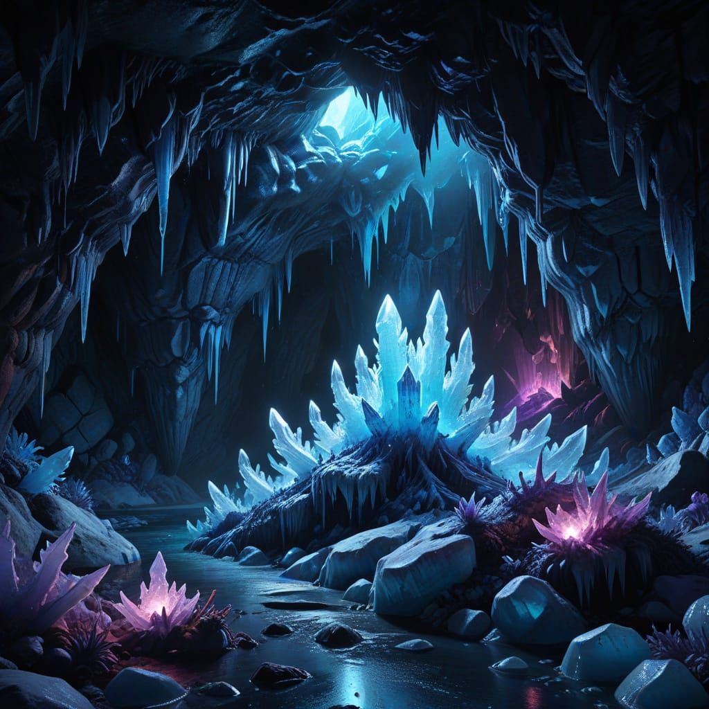 Frozen Dreamscape with Glowing Ice Crystals and Mystical Cre...