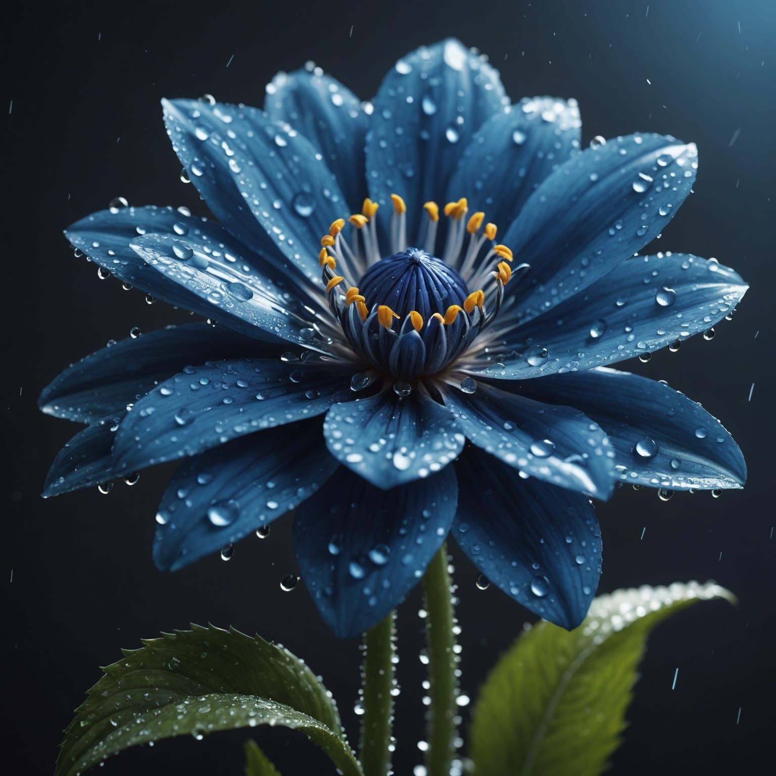 Blue Flower with Water Droplets: Digital Art
